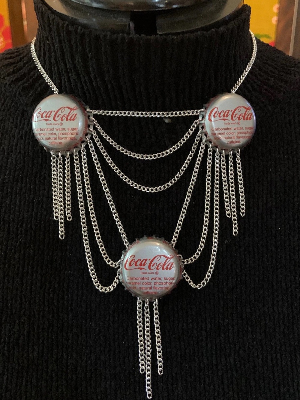Coca Cola Silver and Red Bottle Cap Cascade Necklace